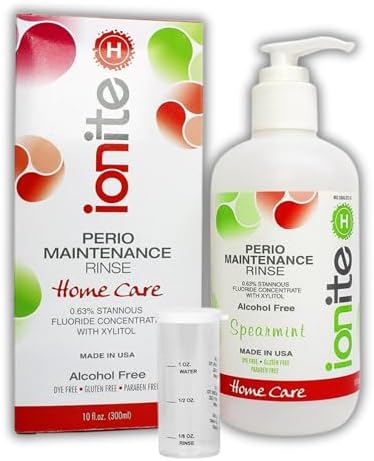 Ionite-H Home Care 0.63% Stannous Fluoride Perio Maintenance Rinse Mouthwash - with Mixing Cup/Shaker and Dispensing Pump (10 Fl oz, Spearmint)
