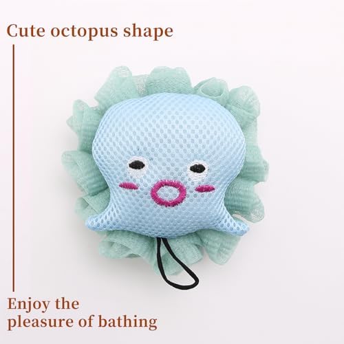 2Pack Kids Bath Loofah Sponge, Cute Cartoon Octopus Shape Baby Toddler Shower Exfoliating Body Scrubber Mesh Loofa Sponge for Boys and Girls