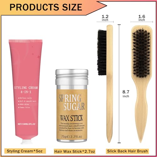 4-in-1 Styling Cream for Flyaways, Curl Defining & Shine – with Slick Back Boar Bristle Brush & Hair Wax Stick – Smooth Sleek Hair Tamer Set, Non-Greasy, for Women & Kids