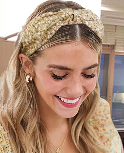 Huachi Headbands for Women and Girls, 4 Packs Fashion Flower Printed Knotted Head Bands for Women’ s Hair, Non Slip Boho Wide Thick Top Knot Hairbands, Womens Trendy Hair Accessories