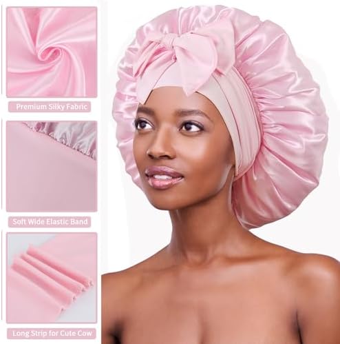 2Pack Bonnet with Tie Band, Satin Silk Bonnet for Sleeping, Sleep Bonnets for Women, Large Sleep Cap for Braids Curly Hair