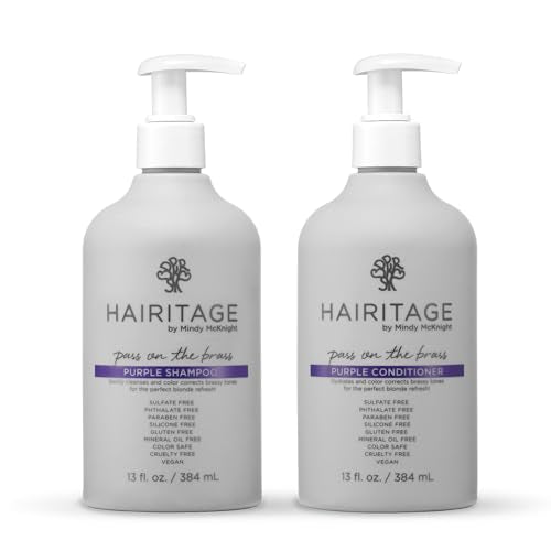 Hairitage Pass on the Brass Purple Shampoo and Conditioner for Color-Treated Hair - Corrects Brassy Tones, Moisturizes Blonde and Gray Hair Ends - 13 oz