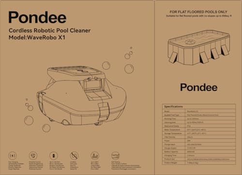 Pondee X1 Robotic Pool Vacuum, Cordless Pool Cleaner with 120 Mins Runtime, Auto-Parking, 2.5h Fast Charging, Ideal for Above Ground Pool and Flat-Bottom Inground Pools up to 850 sq.ft