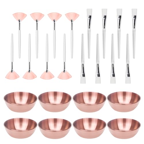 24Pcs Esthetician Supplies for Facials Set - Face Mask Applicator Brushes Tools, 8 Rose Gold Facial Bowls, 8 Fan Mask Brushes, 8 Flat Brushes, Spa Party Favor Esthetician Supplies for Mask DIY