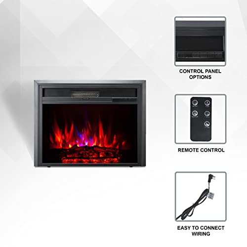 XBrand 32 Inch Insert Electric Fireplace Heater with Remote Control, LED Rolling Flame Effect, and Temperature Limiting Control, Glass and Steel Indoor, Black