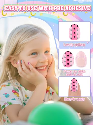 144 Pieces Press on Nails for Kids, EBANKU 6 Pack Kid Fake Nail Cute Colorful Press on Nails for Girls 5-12 Years with Pre- Adhesives