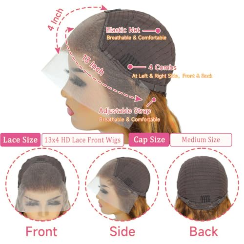 30 Inch Ombre Deep Wave Lace Front Wigs Human Hair Pre Plucked Highlight Honey Blonde Deep Curly Wig Human Hair 200% Density 4/27 Colored Glueless HD Lace Frontal Wigs for Women