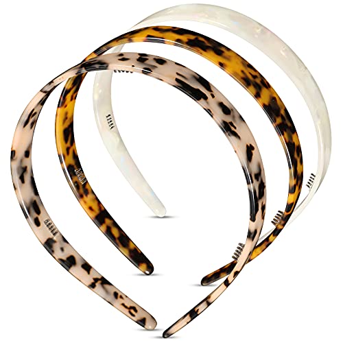 3 Colors Tortoise Shell Headband Set: Wide Acetate, Resin, Skinny Thin Headbands with Teeth for Women and Girls (White Laser, Leopard, Ivory)