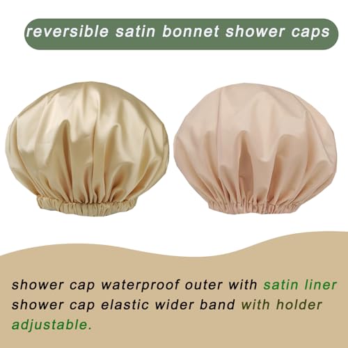 2Pcs Genergy Shower Cap for Women, Adjustable, Large& Reusable &Satin Lined Shower Cap Waterproof Washable &Double Layers &Reversible (Litht grey+Apricot)