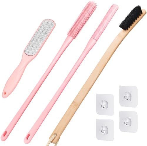 4 Pack Toe Cleaning Brush Set,Long Handle Bath Toe Brush Scrubber Bathroom for Seniors Elderly Men and Women (Pink)