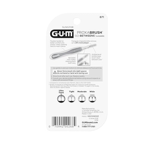 GUM Proxabrush Go-Betweens - Ultra Tight -Interdental Brushes - Soft Bristled Dental Picks for Plaque Removal Health - Safe for Braces & Dental Devices, 15 Count