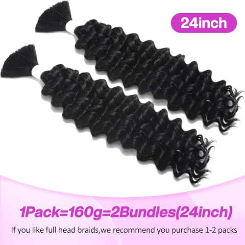 Human Braiding Hair for Boho Braids Mixed Synthetic Hair 2Bundles 160g for Boho Braid Human Hair Deep Wave Bulk Human Hair for Braiding No Weft Hair Extensions for Bohemian Braids 24 inch (1B)