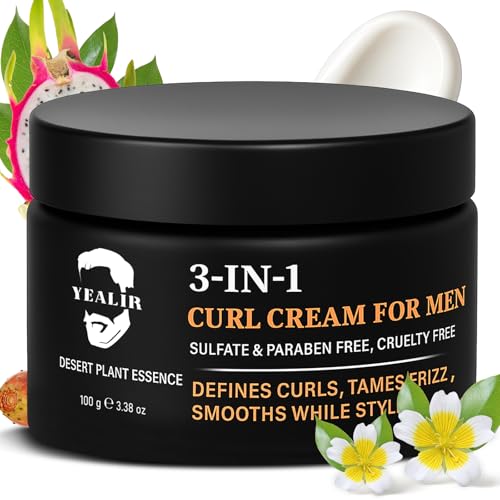 3-in-1 Curl Cream for Men - Defines Curls, Tames Frizz, Adds Smoothness and Texture for Curly and Wavy Hair, Hair Styling Cream with Desert Derived Extracts, Sulfate - Free 3.38 oz