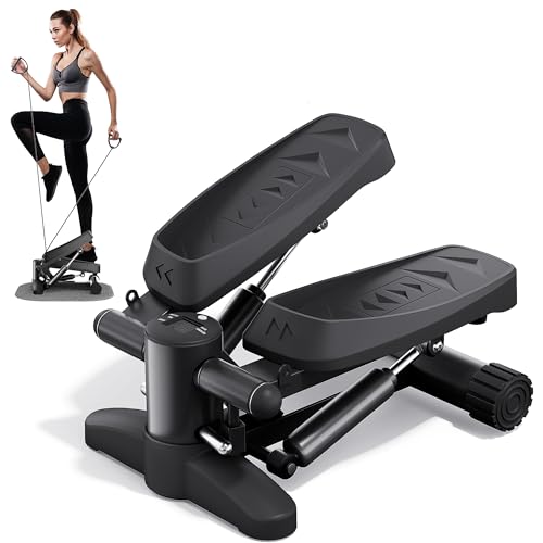 Black Stair Stepper for Exercises, Portable Mini Steppers with Resistance Band, 330LB Weight Capacity, Non-Slip Mat, LCD Calories Display, Aerobic Fitness Stepper for Home Workout
