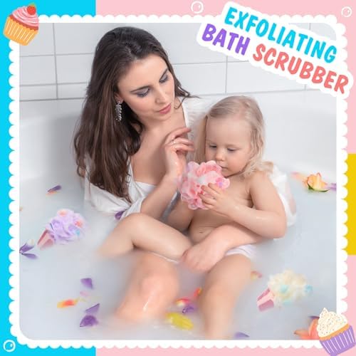 4 Pcs Cupcake Bath Loofah Sponge Cartoon Body Scrubber Loofah Soft Mesh Exfoliating Bath Scrubber Shower Ball for Shower Sponge Gifts Exchange Birthday Party