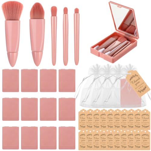 12 Set Travel Makeup Brush Set Bulk with Mirror Mini Travel Makeup Brushes Thank You Cards and Organza Bag Bridesmaid Gift for Bachelorette Party Gift Wedding(Pink)