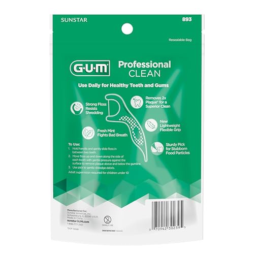 GUM Professional Clean Floss Picks - Extra Strong Shred-Resistant Floss, Easy Grip Handle - Dental Flossers for Adults - Fresh Mint Flavor, 90 Count (Pack of 3)