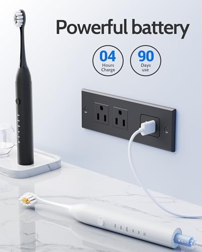 2 Pack Electric Toothbrush for Adults and Kids - Rechargeable Kids Ages 12+ and Adults with 12 Brush Heads & 2 Electric Toothbrush, 90 Days Battery Life - Black and White