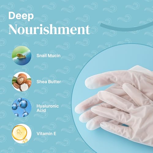 Hand Mask Moisturizing Gloves for Dry Cracked Skin | Hydrating Treatment with Snail Mucin Shea Butter Hyaluronic Acid Bisacolol Vitamin E | Softening Exfoliator for Hands, Repair Glove Mask | 6 Pairs