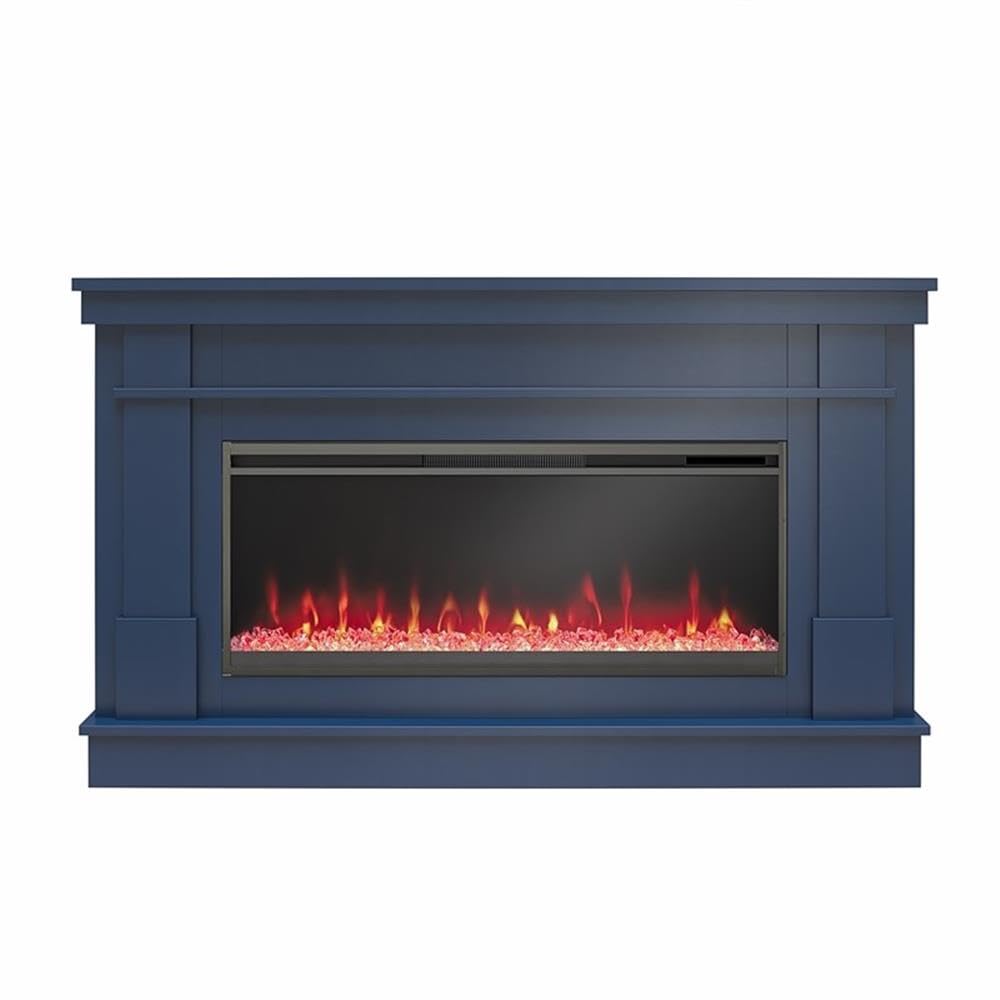 Novogratz Waverly 64 Inch Electric Fireplace with Mantel, Replaceable Fireplace Insert Heater, Remote Control, Timer, Color Changing Crystal Ember Flames, for Living Room or Bedroom, Navy