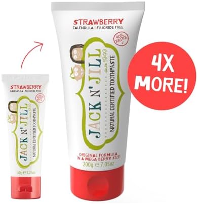 Jack N' Jill Mega Toothpaste 4x More - Natural Toddler Toothpaste for Baby, Kids & Infants 6 Months & Up, Fluoride Free Training Toothpaste for Toddlers 1-3, 40% Xylitol - Strawberry, 7.05 oz (1-Pack)