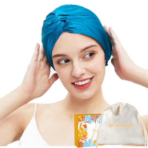 100% Mulberry Silk-Bonnet for Sleeping Women/Men for Curly/Thin/Short/Medium/Braids Hair, Real Silk Wrap Bonnet for Sleeping, Silk Sleep Night Cap for Hair Care, Peacock Blue