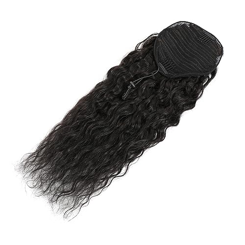 100% Human Hair Drawstring Ponytail Extension Water Wave in Natural Color 1B Corn Wave Ponytail Clip in Extensions for Black Women (14 Inch)