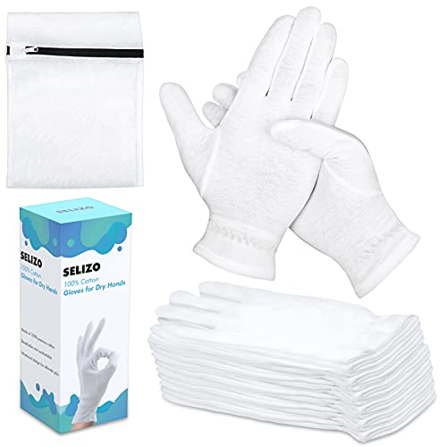 10 Pairs 100% Moisturizing Gloves for Dry Hands Overnight, Selizo 10 Pairs White Cotton Gloves for Women Eczema, Hand Moisturizer Sleeping Spa Gloves for Dry Hands Eczema