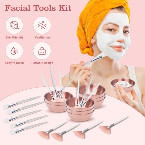 24Pcs Esthetician Supplies for Facials Set - Face Mask Applicator Brushes Tools, 8 Rose Gold Facial Bowls, 8 Fan Mask Brushes, 8 Flat Brushes, Spa Party Favor Esthetician Supplies for Mask DIY