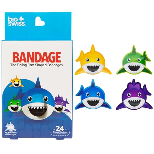 BioSwiss Bandages, Finling Fam Shark Shaped Self Adhesive Bandage, Latex Free Sterile Wound Care, Fun First Aid Kit Supplies for Kids and Adults, 24 Count