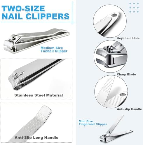 20-Pack Stainless Steel Fingernail & Toenail Nail Clippers Bulk Set - 12 Small + 8 Medium Size with Storage Pouch, Manicure Kit for Men/Women Travel, Gifts, Homeless Care Supplies