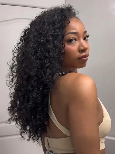 ISEE Half Wig Human Hair Water Wave Human Hair Glueless Wigs Seamless Clip Ins Flip Over Wear Go Wig Invisible Hairline Beginner Friendly 20 Inch