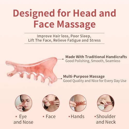 4-in-1 Massage Comb Pink Gua Sha Facial Tools Head Massage Combs Neck Body Face Eye Massager Tool for Body Tension Relief Promote Lymphatic Circulation Gifts for Women Men