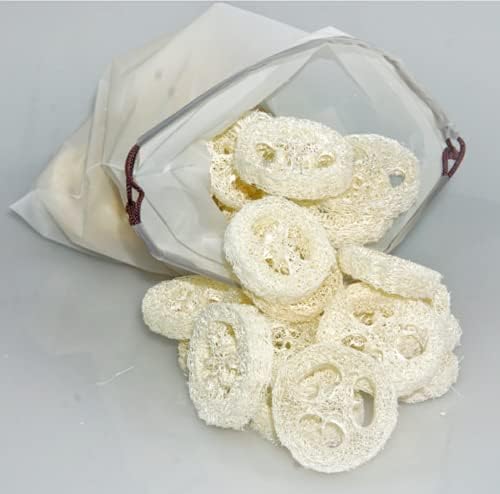 25Pcs Natural Loofah Slices of 2In, Reusable Natural Loofah Cuts for Cleaner Sponge Scrubber, Facial Soap Holder and DIY Customize Soap Tools for Wholesome Skin Care and Exfoliation with 1 Storage Bag