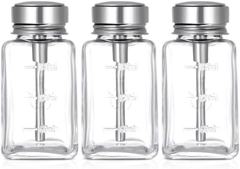 3 Pcs Clear Pump Dispenser Bottle Push Dispenser with Metal Flip Cap 180ml Glass Dispenser Pressure Container Refillable for Dispensing Nail Polish Remover Alcohol Toner and Makeup Remover
