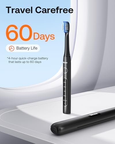 Bitvae ADA Accepted Electric Toothbrush, Travel Toothbrush Rechargeable for Adults and Kids, 60-Day Battery, 5 Modes, 8 Heads, Portable Travel Case & Holder, Shadow Black