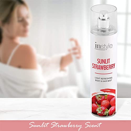 Instyle Fragrances | Body & Hair Mist | Sunlit Strawberry Scent | With Panthenol | CLEAN, Vegan, Paraben Free, Phthalate Free | Premium 8 Fl Oz Spray Bottle