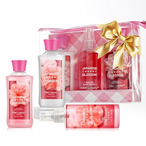 Japanese Cherry Blossom Bath and Body Gift Set, Gel, Lotion, Mist, Travel Size Spa Set,With Natural Extracts-Body Care kit for Birthday Mother's Day Chirstmas Gifts