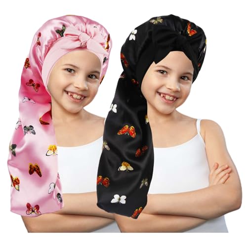 2 Pcs Long Kids Bonnets for Girls,Silky Satin Bonnet for Sleeping Kid, Bonnet for Kids' Braids,Long Hair