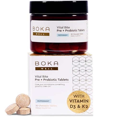 Boka Vital Bite Oral Pre + Probiotics - Sugar-Free Nut-Free Chewable Dental Probiotics for Teeth and Gums with BLIS K12, Vitamin D3 K2 for Men Women, Freshens Breath - Peppermint, 30 ct