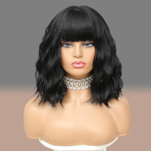 Black Wig with Bangs Wig for Women 12in Short Bob Wavy Curly Wig Natural Black Hair Wigs Heat Resistant Hair Replacement Wigs(12'' Natural Black 1B)