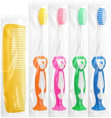 40 Pcs Disposable Toddler Toothbrushes, Suction Cup Bulk Kids Toothbrushes with 5 in Comb, Individually Wrapped Animal Toothbrush for Home, School, Camp, Daycare, Travel
