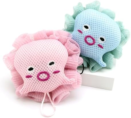 2Pack Kids Bath Loofah Sponge, Cute Cartoon Octopus Shape Baby Toddler Shower Exfoliating Body Scrubber Mesh Loofa Sponge for Boys and Girls
