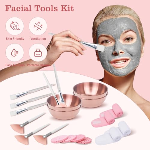 20Pcs Esthetician Facial Supplies Tools Set - Mask Applicator Tools, 4 Rose Gold Facial Bowls & 4 Facial Fan Mask Brushes & 4 Flat Brushes & 4 Sponges & 4 Headbands, Spa Party Favor, Mixing Facial Kit