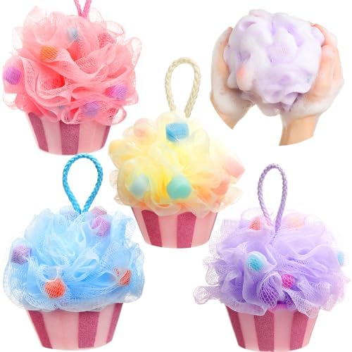 4 Pcs Cupcake Bath Loofah Sponge Cartoon Body Scrubber Loofah Soft Mesh Exfoliating Bath Scrubber Shower Ball for Shower Sponge Gifts Exchange Birthday Party