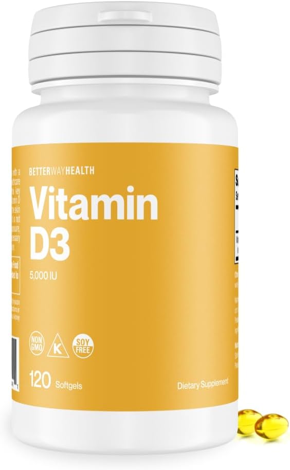 Better Way Health™ - High Potency Vitamin D3 Supplement - Immune & Bone Health Support - Non-GMO & Dairy-Free - 5,000 IU/120 Softgels