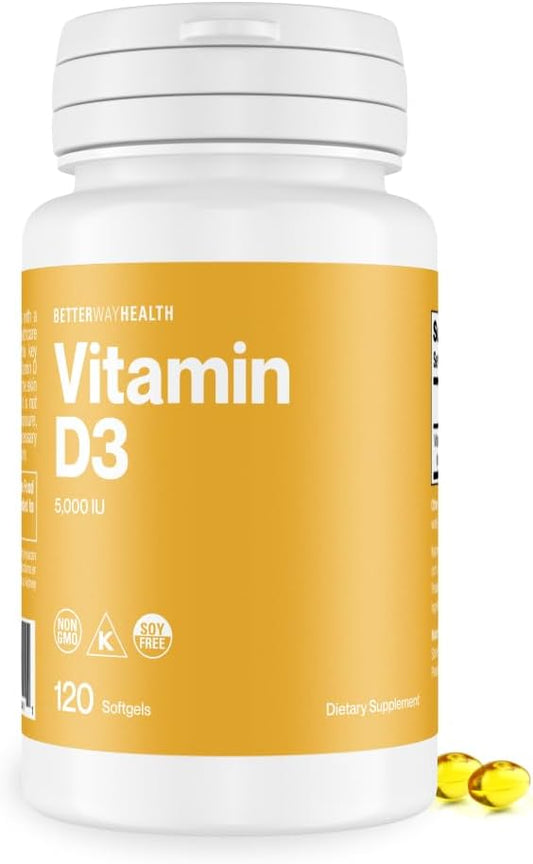 Better Way Health™ - High Potency Vitamin D3 Supplement - Immune & Bone Health Support - Non-GMO & Dairy-Free - 5,000 IU/120 Softgels