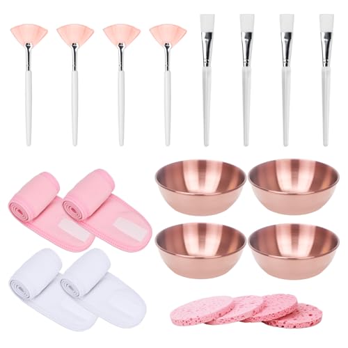 20Pcs Esthetician Facial Supplies Tools Set - Mask Applicator Tools, 4 Rose Gold Facial Bowls & 4 Facial Fan Mask Brushes & 4 Flat Brushes & 4 Sponges & 4 Headbands, Spa Party Favor, Mixing Facial Kit