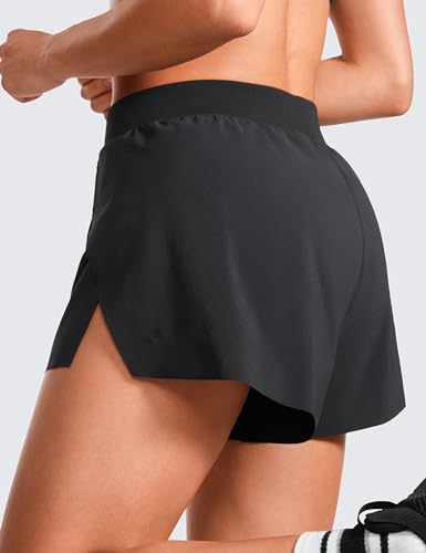 CRZ YOGA Running Shorts for Women High Waisted V Split Gym Workout Athletic Track Shorts with Mesh Liner Quick Dry Black Medium