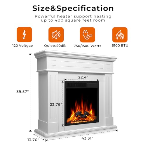 43” Electric Fireplace Mantel Freestanding Electric Fireplace, Remote Control, Adjustable Led Flame, 750W/1500w PEARLWHITE